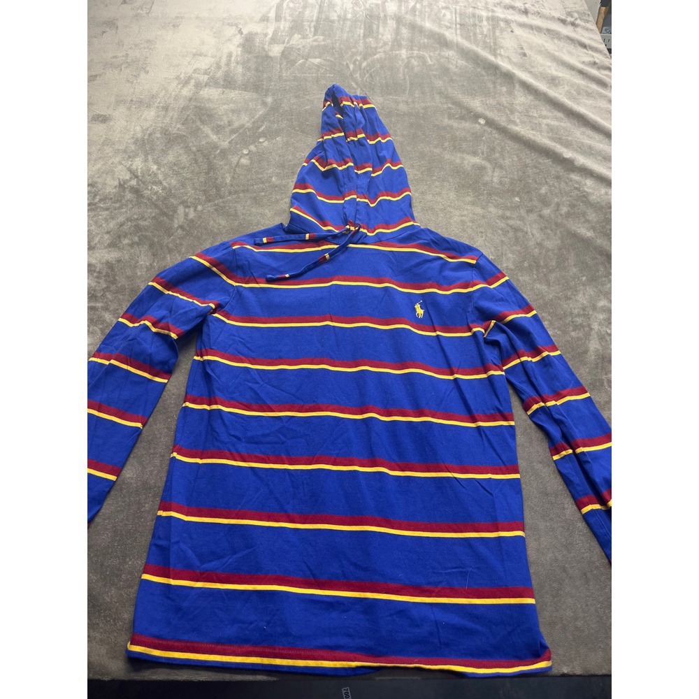 Polo Ralph Lauren Mens‎ Blue Red Yellow Striped Long Sleeve Hooded T-Shirt Small